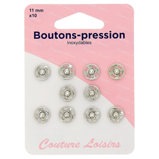 Boutons pression - 11 mm  - Argenté - 10 jeux - inoxydable - à coudre