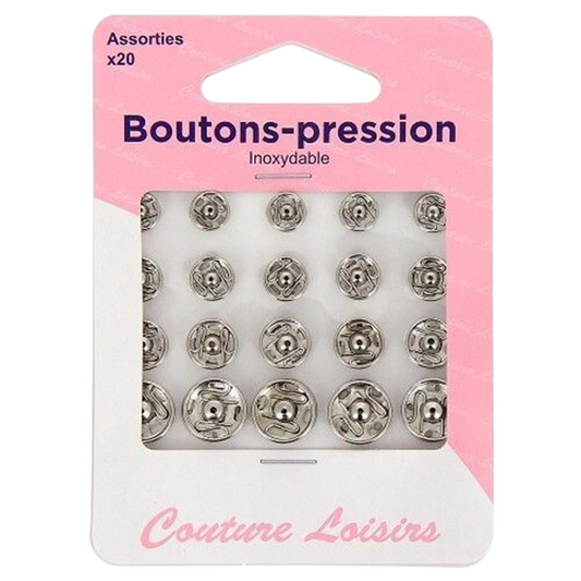 Boutons pression - Tailles assorties  - argenté - 20 jeux - inoxydable - à coudre