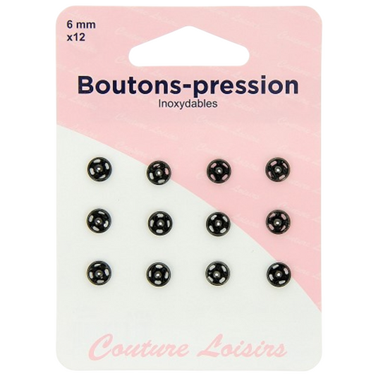 Boutons pression - 6 mm  - Noir - 12 jeux - inoxydable - à coudre
