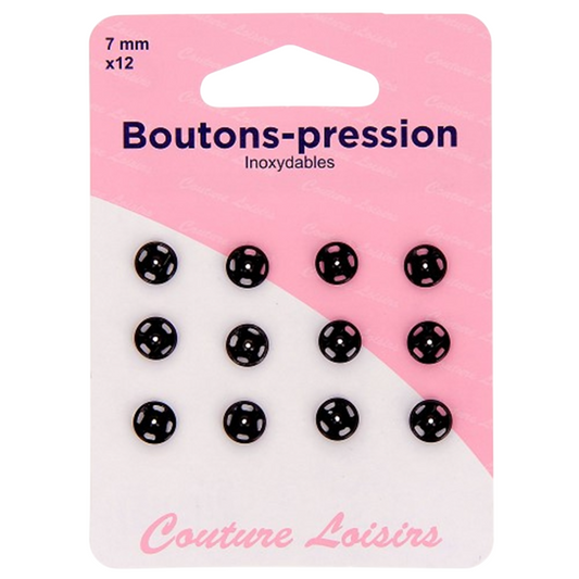 Boutons pression - 7 mm  - Noir - 12 jeux - inoxydable - à coudre