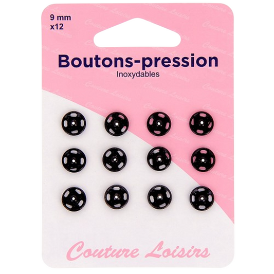 Boutons pression - 9 mm  - Noir - 12 jeux - inoxydable - à coudre