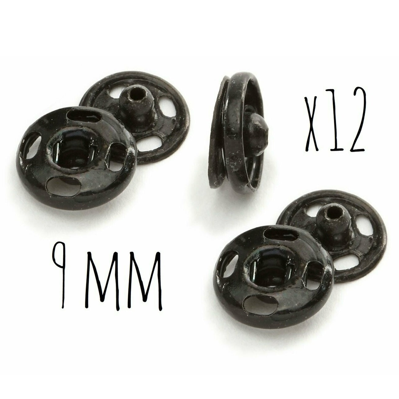 Boutons pression - 9 mm  - Noir - 12 jeux - inoxydable - à coudre