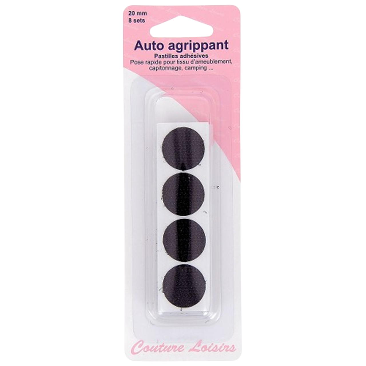 Pastilles auto agrippantes adhésives noires Ø 20 mm – lot de 8 pour fixation textile et ameublement. Canocea