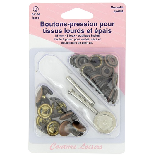 Bouton-pression - Tissu épais et lourds - Outil de pose inclus - 15 mm - Bronze - 8 pièces