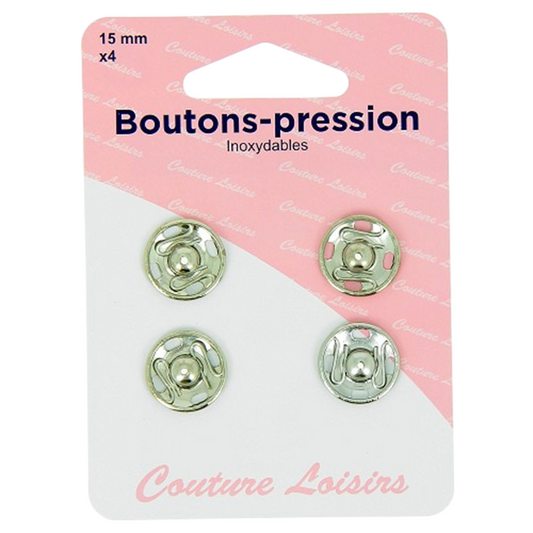 Boutons pression - 15 mm  - argenté - 4 jeux - inoxydable - à coudre