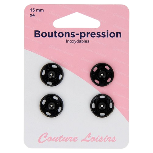 Boutons pression - 15 mm  - noir - 4 jeux - inoxydable - à coudre