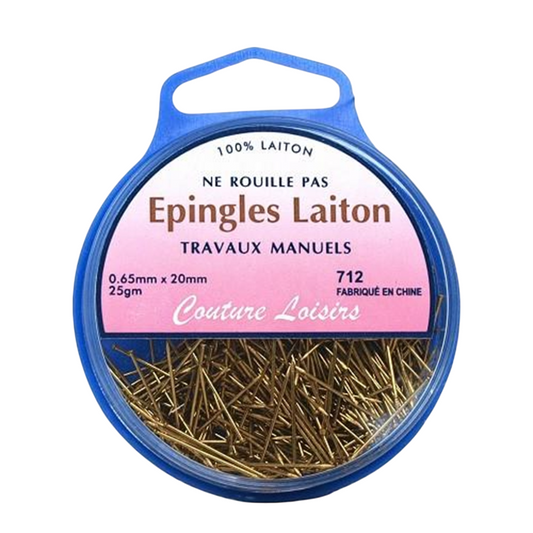 Boite + Epingles "bouts pointus" D0,65x20mm - 100% laiton ne rouille pas - 450 pièces -