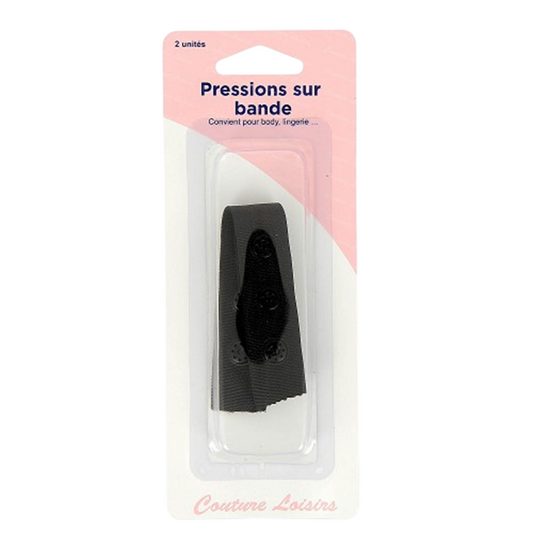 Ruban 145 mm avec 3 boutons pression de 6 mm - Noir - 2 pièces