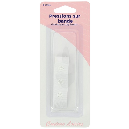 Ruban 145 mm avec 3 boutons pression de 6 mm - Blanc - 2 pièces
