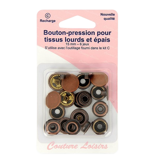 Boutons pression - Spécial tissus lourds et épais - D15 mm  - Bronze - 6 jeux