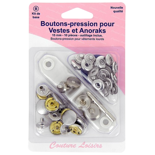 Bouton-pression - Veste Anoraks - Outil de pose inclus - 15 mm - Argenté - 10 jeux