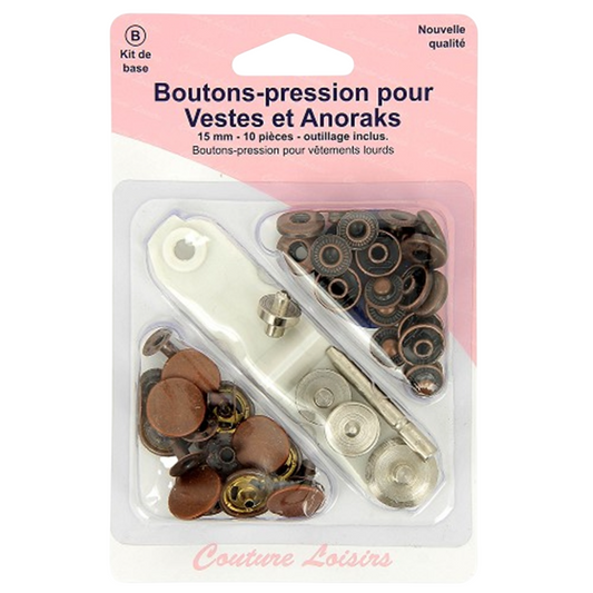 Bouton-pression - Veste Anoraks - Outil de pose inclus - 15 mm : Bronze - 10 jeux