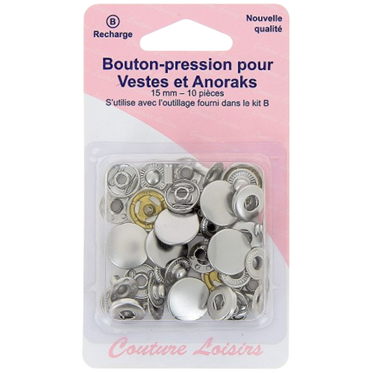 Boutons pression - Spécial anoraks vestes - D15 mm  - Argenté - 10 jeux