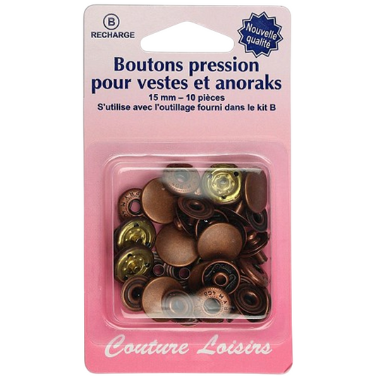 Boutons pression - Spécial anoraks vestes - D15 mm  - Bronze - 10 jeux