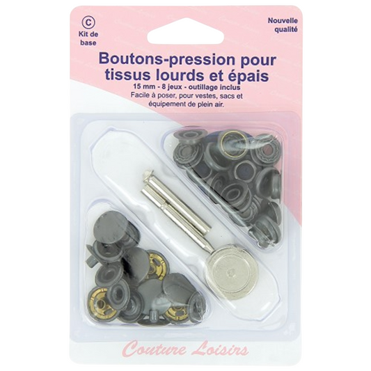 Bouton-pression - Tissu épais et lourds - Outil de pose inclus - 15 mm - Noir - 8 pièces