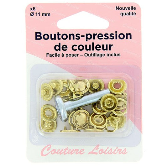 Bouton-pression - doré  - Outil de pose inclus - 6 pièces - D11 mm