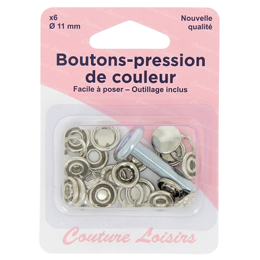 Bouton-pression - argenté - Outil de pose inclus - 6 pièces - D11 mm