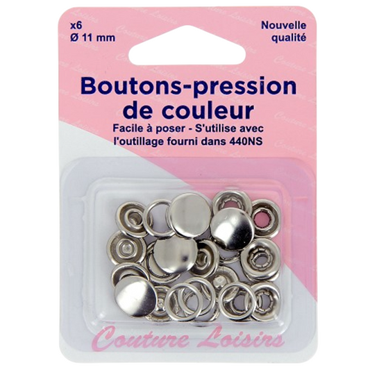 Boutons pression - 11 mm - Argenté - 6 pièces