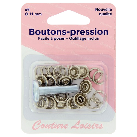 Bouton-pression - argenté - Outil de pose inclus - 6 pièces - D11 mm