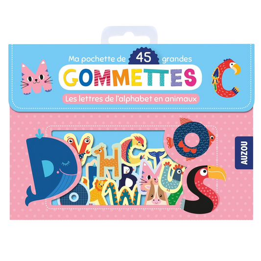 Pochette de gommettes repositionnables- Les lettres de l'alphabet en animaux - 45 pièces - de  9 cm